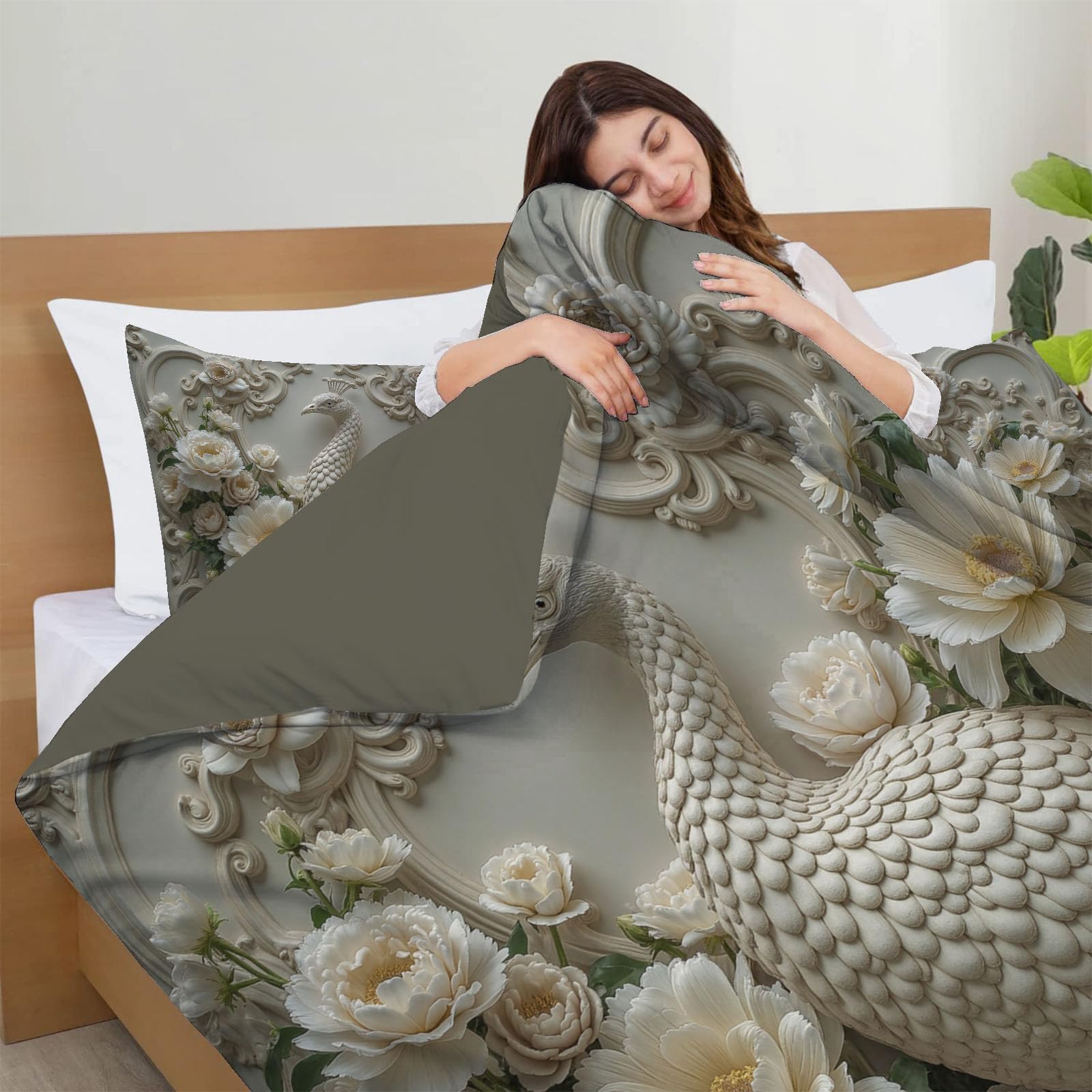 Copripiumino Matrimoniale Pavone Elegante Fiori, Set di Biancheria da Letto Effetto Rilievo Visivo Barocco Rilievo, Copri Piumino 220x240cm con 2 Federe 50x75 cm, Microfibra Morbida Lavabile, Bianco
