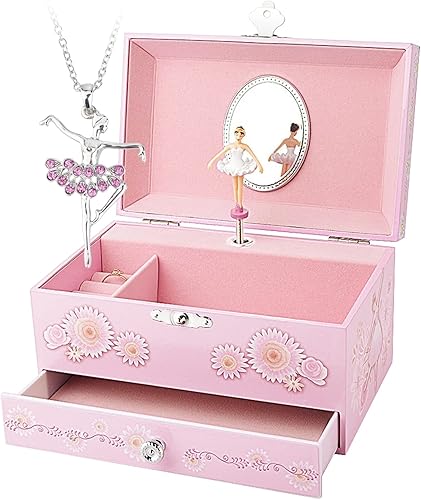 RR ROUND RICH DESIGN Joyero musical para niñas con cajón y juego de joyas con tema de bailarina color rosa cisne