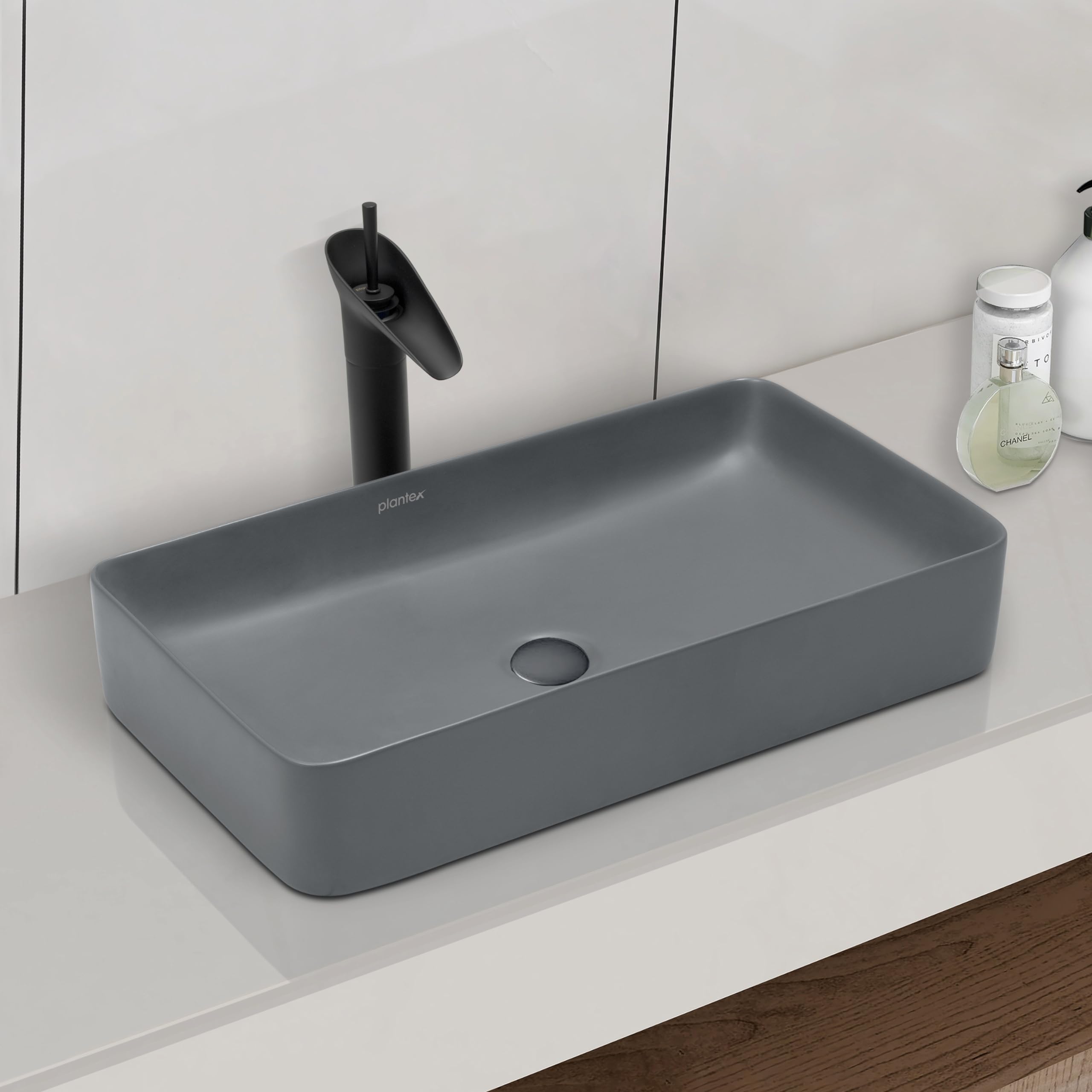 Ceramic Table Top Basin/Wash Basin for Bathroom/Over Counter Washbasin for Restaurant/Hotel (Rectangle - Matt Grey, 24 x 14 x 4.5 Inch)