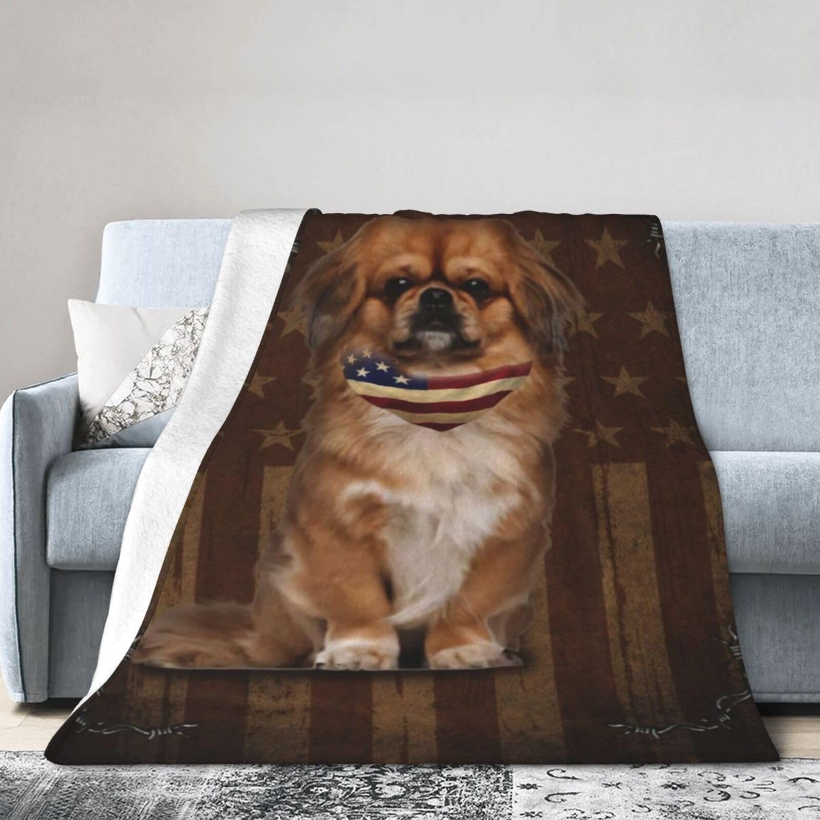 Trumiyo Tibetan Spaniel Dog With Vintage American Flag Fuzzy Flannel Blanket Gifts For Kids Adults - Soft Throw Blanket For Bedroom Living Room Decor 80"X60"