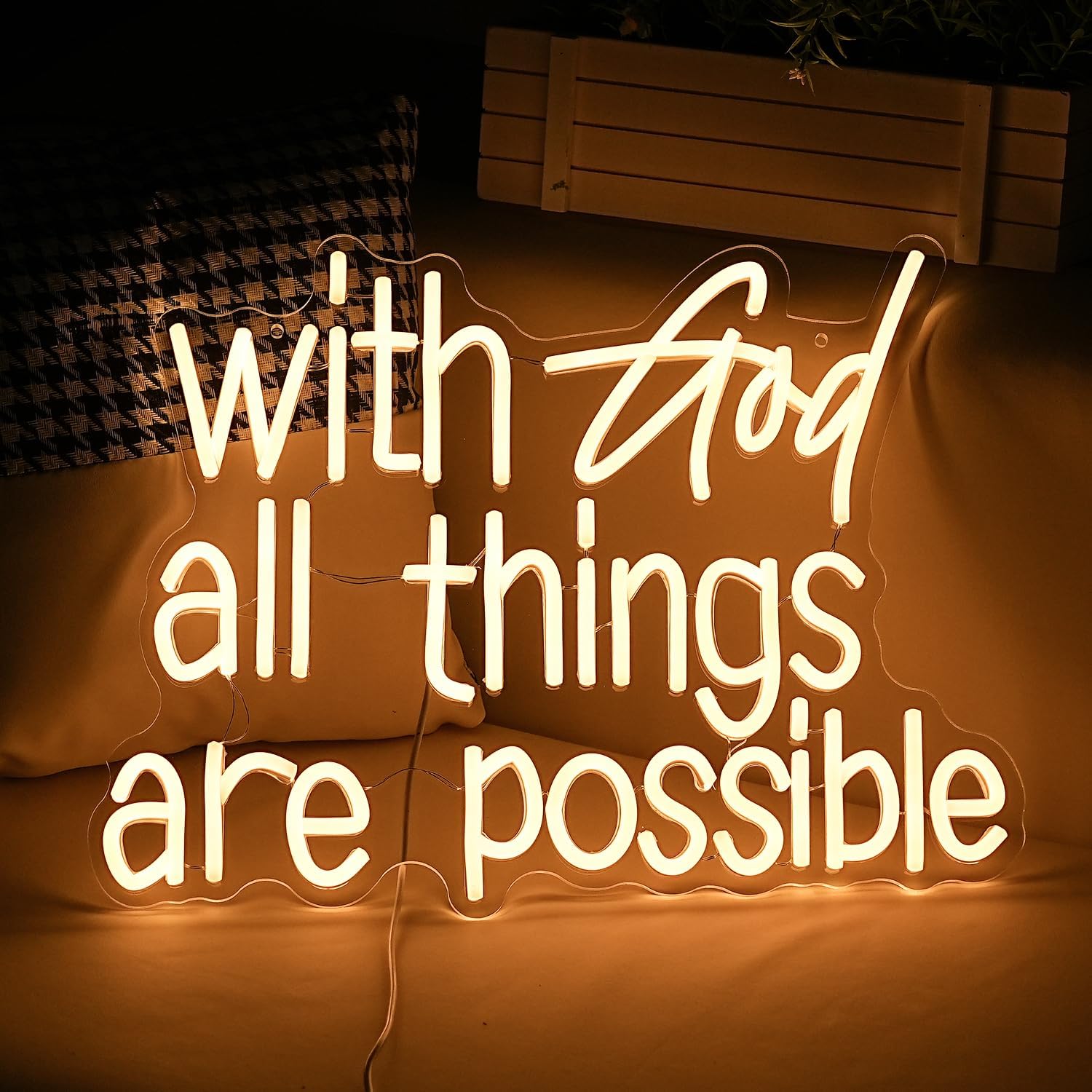 Neonowy znak "With God All Things Are Possible", jasna, ciepła biel, Bóg, neonowe światła LED, do dekoracji ścian, ściemniane, zasilanie USB, podświetlany bóg, neonowy znak świetlny do pokoju, na