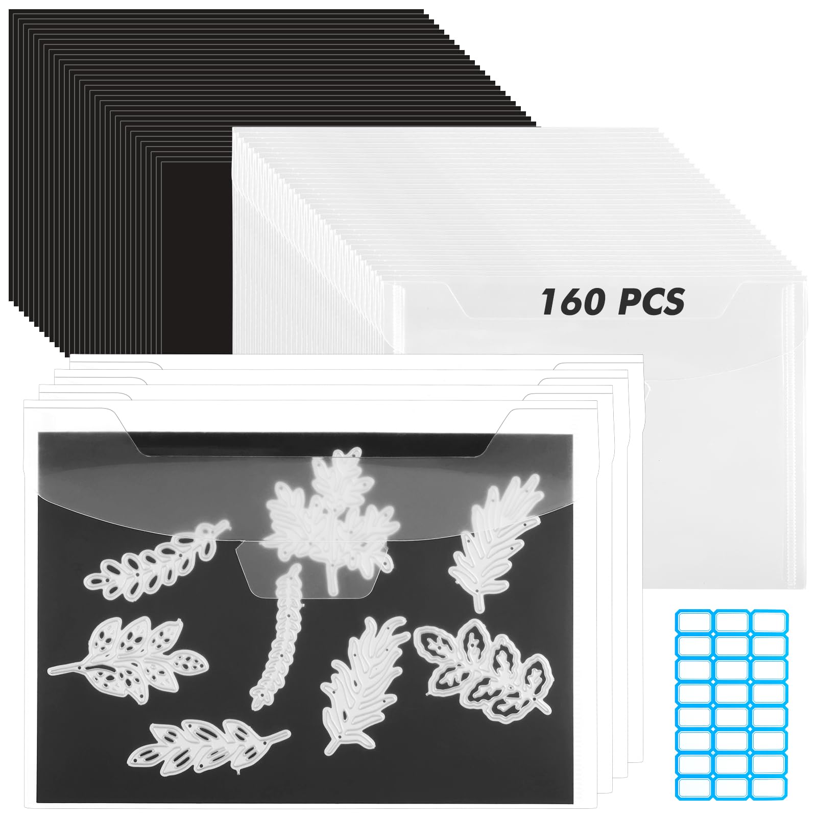 160 Pcs 5 x 7 Inch Magnetic Sheets for Dies Storage 0.6 mm Thickness Non-Adhesive Magnetic Sheets with Die Storage Bags, Die Cut Storage Essential Set (80 Sheets+80 Pockets+Label Stickers)