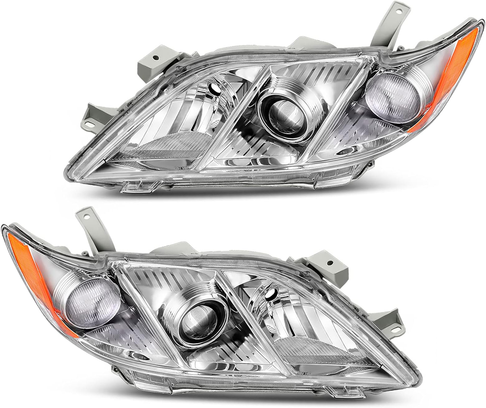 Projector Headlight Assembly Compatible with 2007 2008 2009 Camry Exclude Hybrid Chrome Housing Halogen Headlamp with Amber Reflector Clear Lens (Driver and Passenger Side)