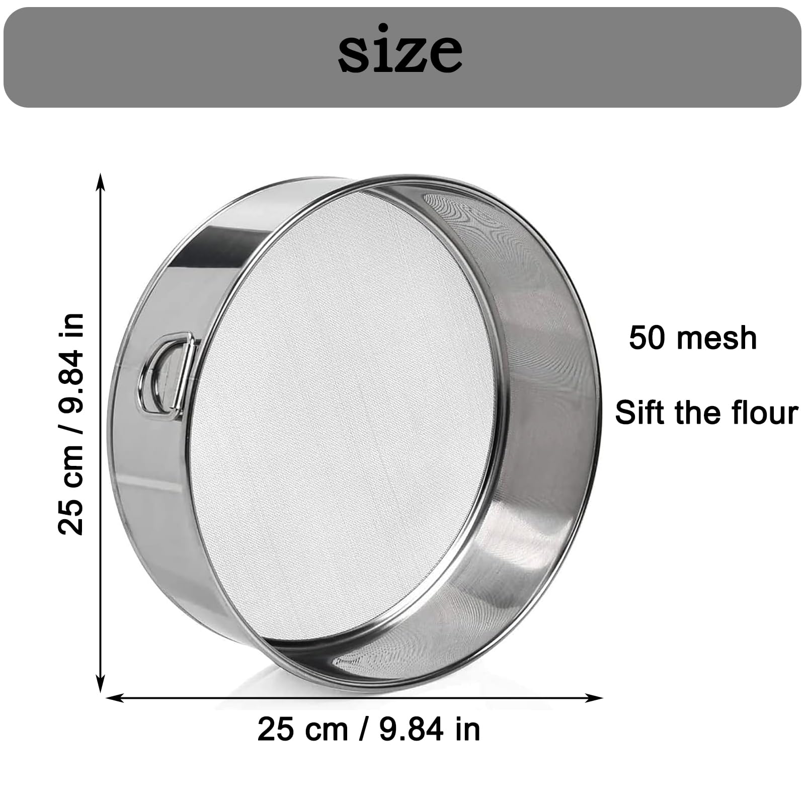 Feinmaschig Profi Mehlsieb, Mehlsieb Edelstahl, 50 Mesh Backen Sieb, 25 cm Feines Sieb set, Rundmehl Sieb, Feines, Mehl Sieben für Mehl,Reis,Getreide,Bohnen, (Silber)