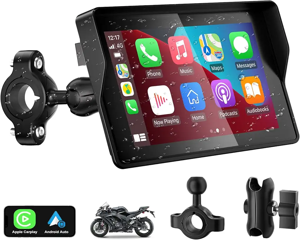 YZW GPS Carplay 5 polegadas para motocicleta com CarPlay sem fio e Android Auto, tela sensível ao toque IP67 à prova d'água, Carplay Moto, suporta Bluetooth, Siri, Google Assistant, controle Vioce