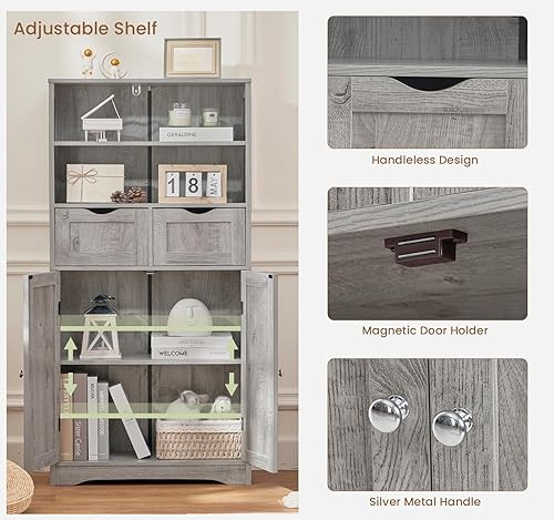 Miniatura 8 de Iwell Armario alto de baño, armario de almacenamiento con 2 cajones y estantes ajustables, armario de piso de baño para sala de estar, dormitorio,