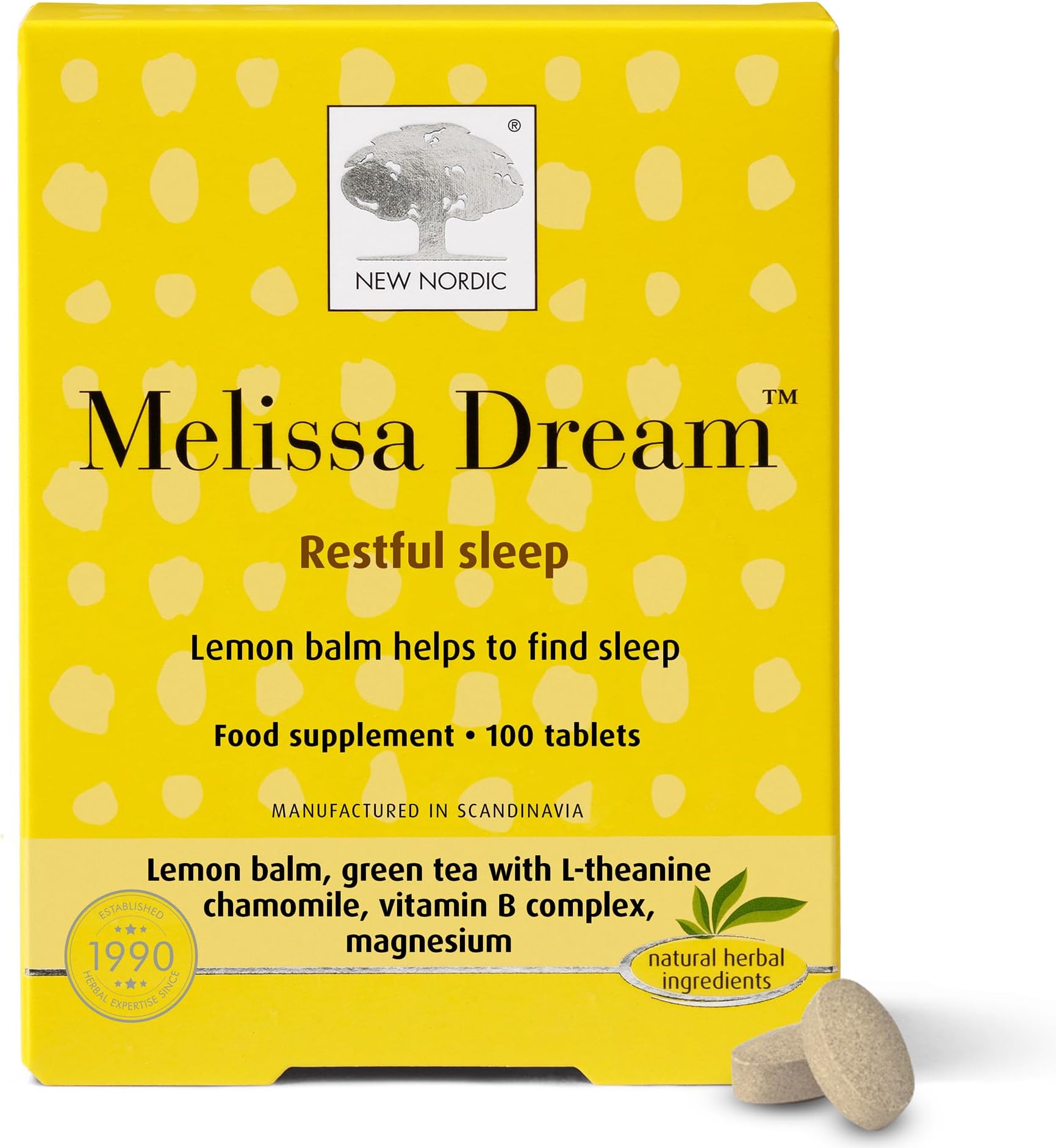 New Nordic Melissa Dream - Melatonin-Free Natural Sleep Aid & Insomnia Relief for Adults - Magnesium & Chamomile - 100 Herbal Sleeping Tablets