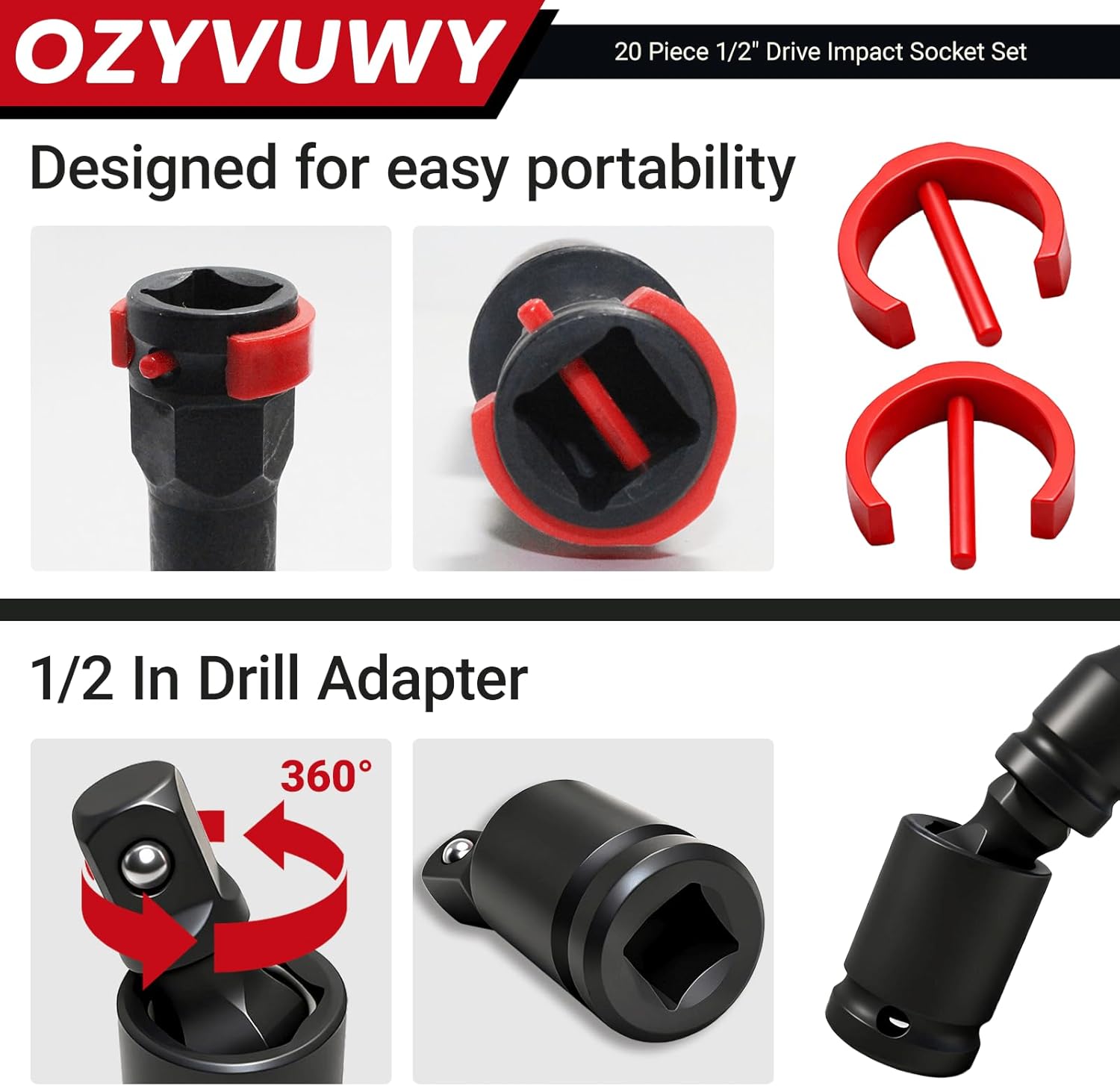 18-Piece 1/2" Drive Impact Socket Set, Heavy Duty Industrial-Grade Deep Sockets, with Impact Extension Bar,universal joint, and impact-resistant adapter, Cr-V Steel Corrosion-Resistant Coating