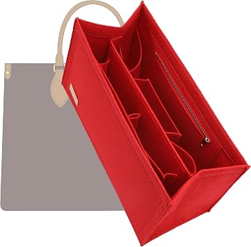 Bag Organizer Insert for LV OnTheGo MM, Felt Anti-Sag | fits LV OnTheGo MM, prevents sagging, handbag storage, felt liner, zipper pocket, lightweight, red, L