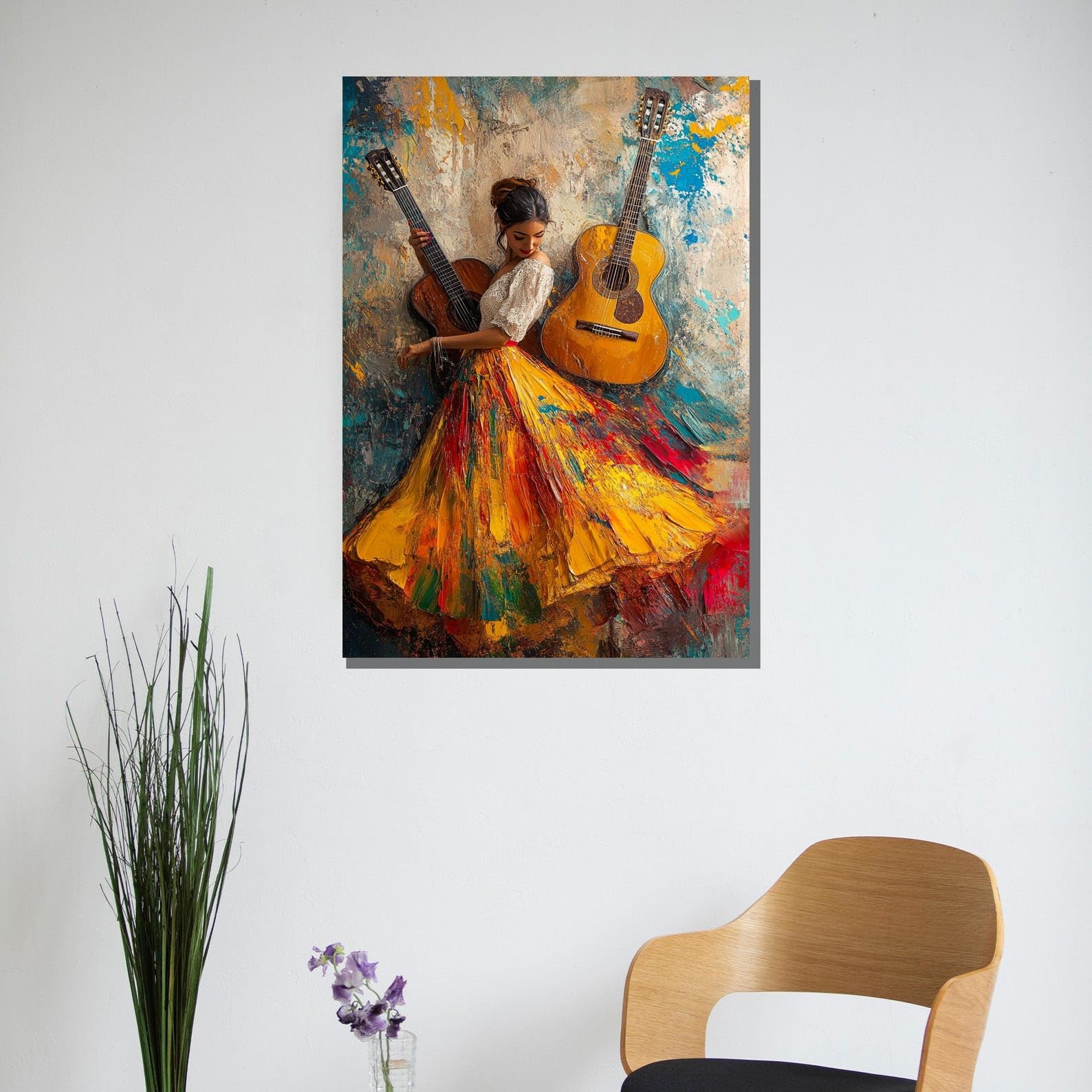 XINBAO Dekoracyjny obraz ścienny Tancerz flamenco z gitarami - Hiszpańska sztuka muzyczna gotowa do powieszenia do wystroju domu (80 x 110 cm / bez ramki)