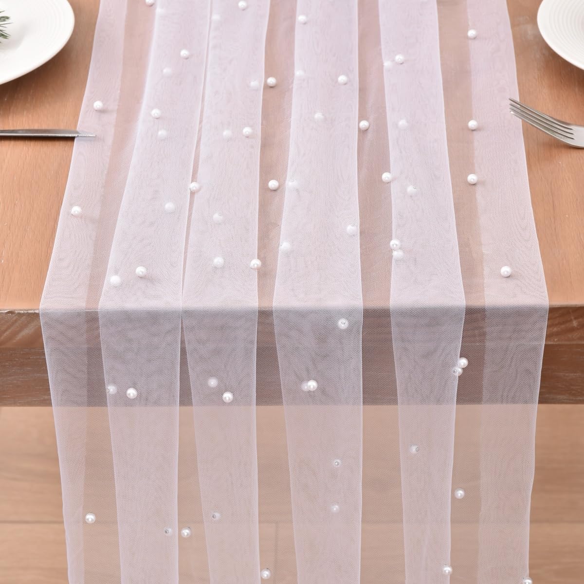 Joanlody Pearl Table Runner Easter 10ft Rustic Boho Tulle Spring Summer Runner with Pearls for Baby Shower Wedding Party Veil Dessert Table Decor White 4pcs