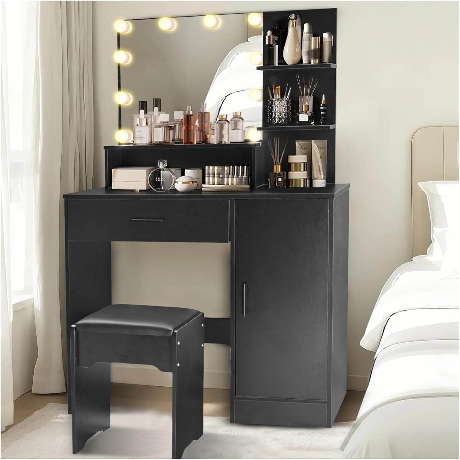 Vanity Desk with Mirror and Lights, Makeup Vanity with Drawer & Storage Cabinet, 3 Adjustable Lighting Colors, Makeup Desk with Open Shelves for Bedroom, Dressing Room, Black