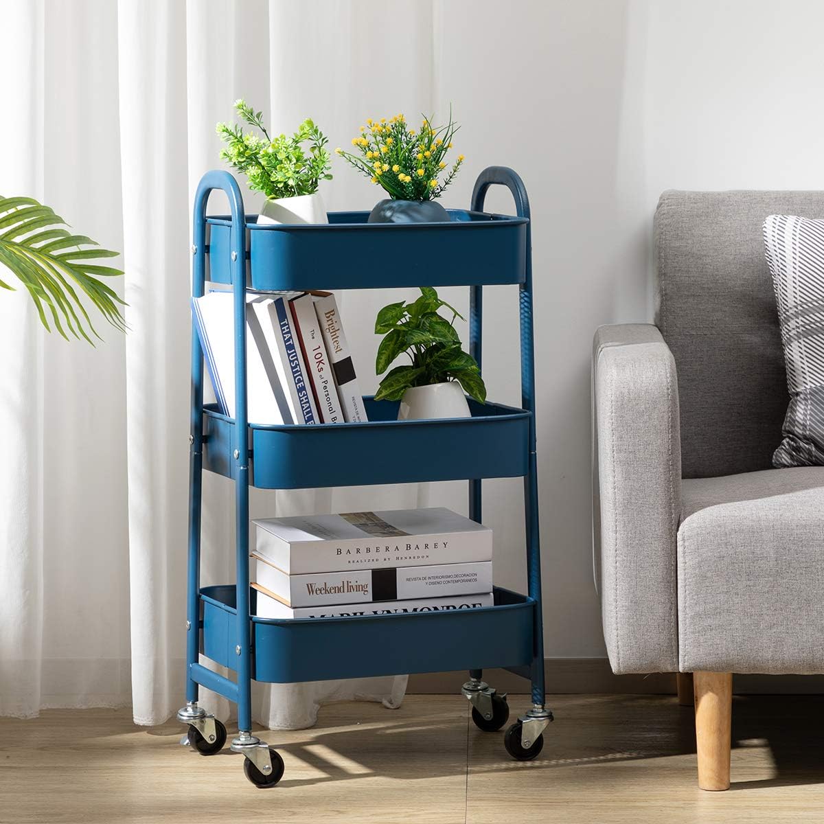 AGTEK 3 Tier Utility Rolling Cart with Lockable Wheels, Metal Multifunctional Storage, Organizer Cart for Kitchen, Office, Living Room, Makeup, Craft, Art Studio,Navy Blue