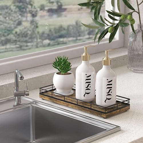 Miniatura 5 de Bandeja de jabón de cocina de granja, bandeja dispensadora de jabón de madera de 11 pulgadas, soporte para cepillos, organizador de especias y