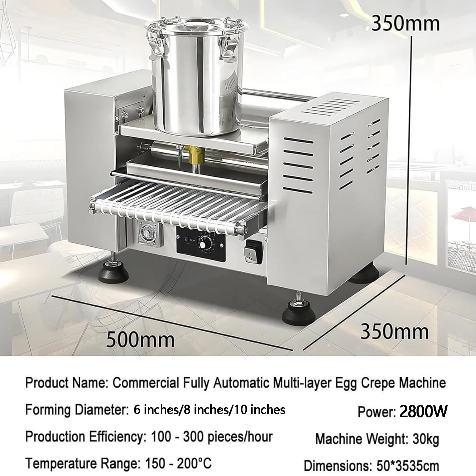 Macchina per crepe automatica commerciale, potenza 2800 W, produce 200-300 rotoli di uova, perfetto per pancake, dessert e crepes, diametro 20,3 cm, motore in rame