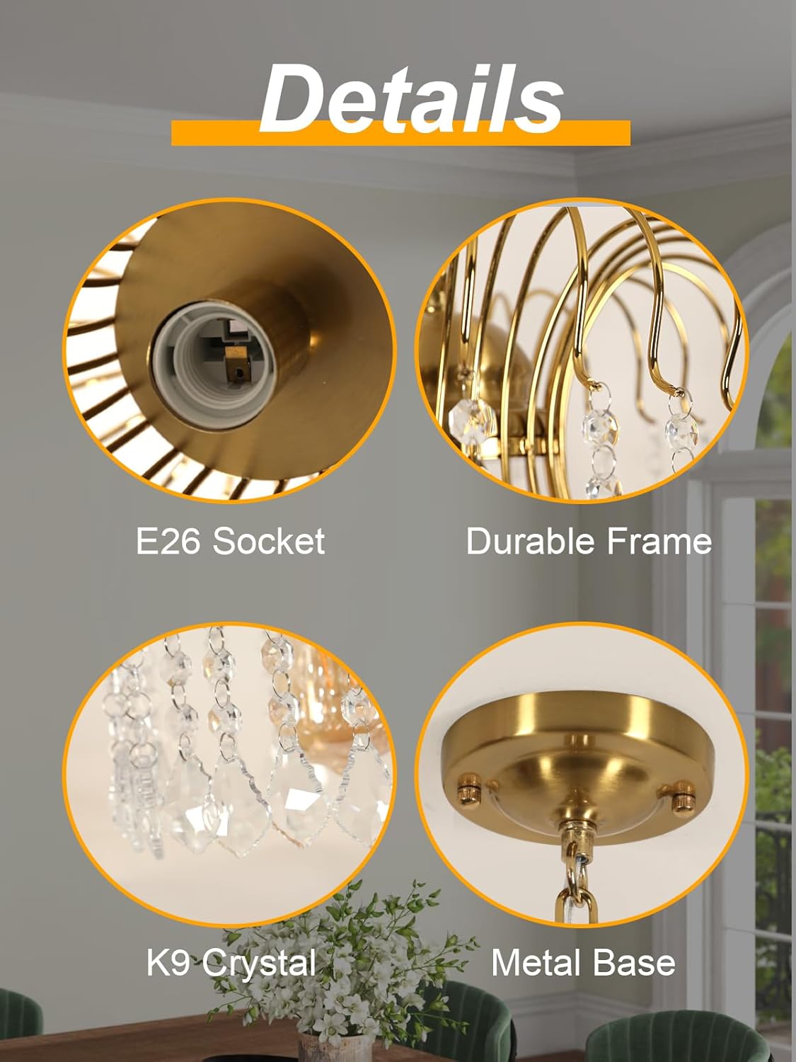 Goeco Crystal Gold Pendant Light Fixtures for Kitchen Island, E26 Bulb 1-Light Crystal Hanging Lights Fixture, Elegant Adjustable Pendant Lighting for Dining Room Bedroom