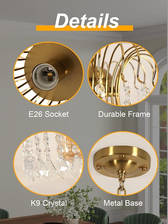 Goeco Crystal Gold Pendant Light Fixtures for Kitchen Island, E26 Bulb 1-Light Crystal Hanging Lights Fixture, Elegant Adjustable Pendant Lighting for Dining Room Bedroom