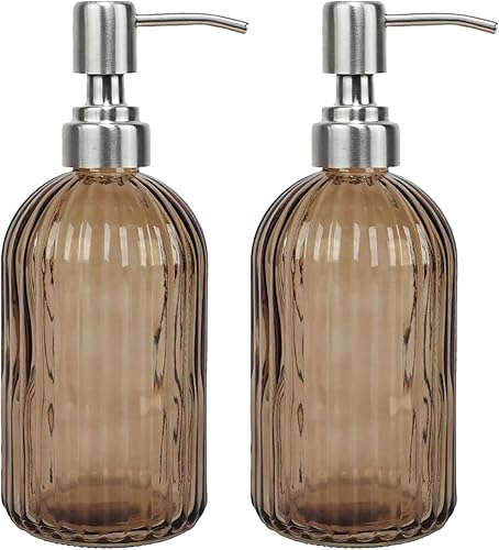 Miniatura 8 de Dispensador de jabón marrón de 14 onzas para baño, dispensadores de jabón de manos de vidrio transparente con bomba de acero inoxidable, dispensador