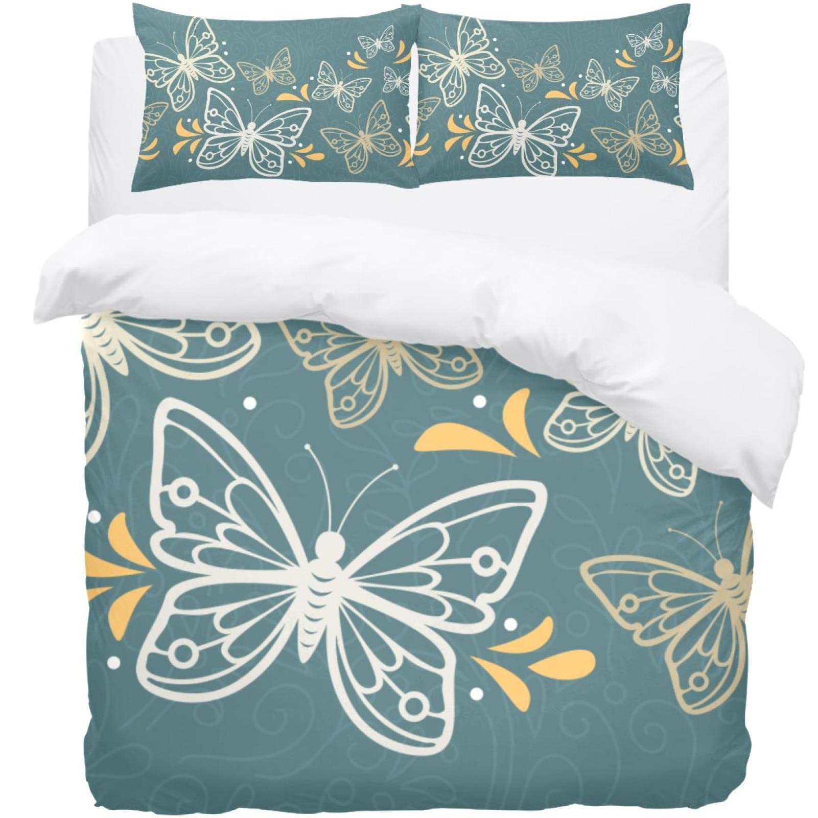 Housse de couette et 2 taies d'oreiller motif papillon parure de lit