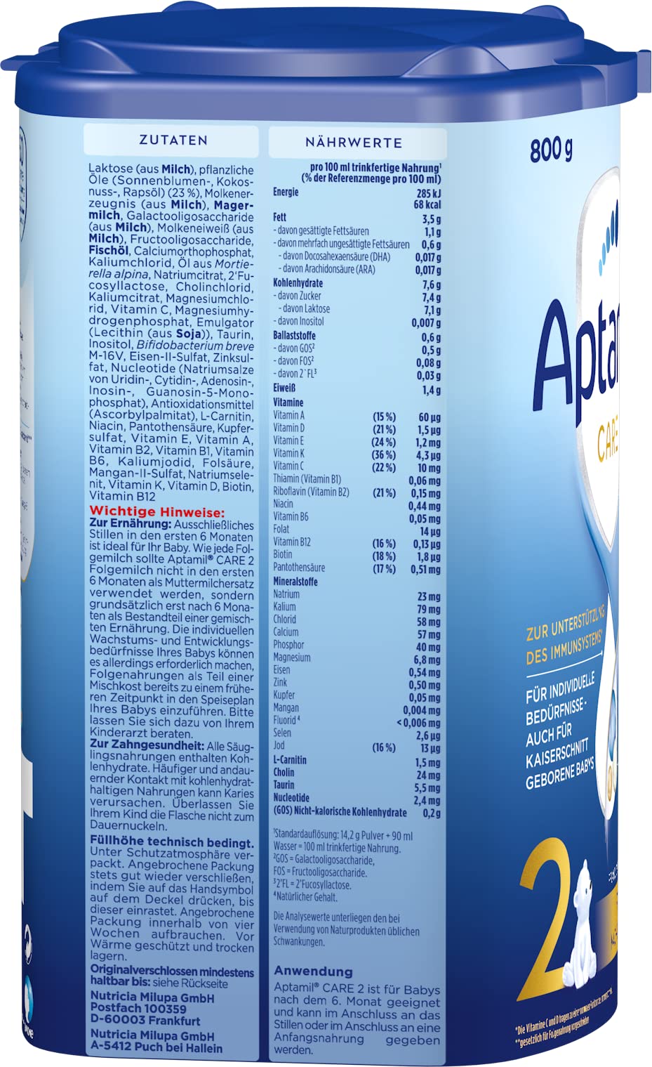Aptamil Care 2 – Folgemilch nach dem 6. Monat, Mit Omega 3 & 6, DHA & ARA, Ohne Palmöl, Babynahrung, Milchpulver, 1x 800 g (Packung mit 6)