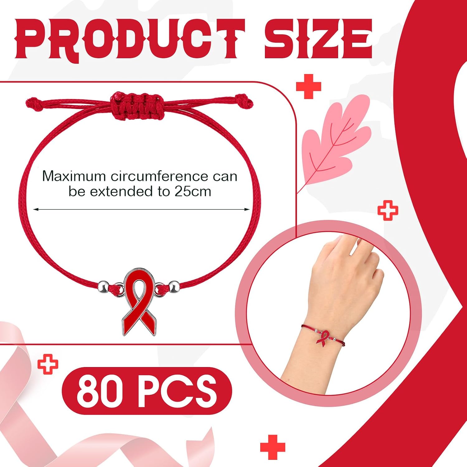 Huquary 80 Pcs Red Ribbon HIV Aids Awareness Bracelet Bulk Adjustable Blood Cancer Heart Disease Tuberculosis Bracelets Cord Gifts for Red Ribbon Week Cancer Survivor Fighter Charity Party Favors
