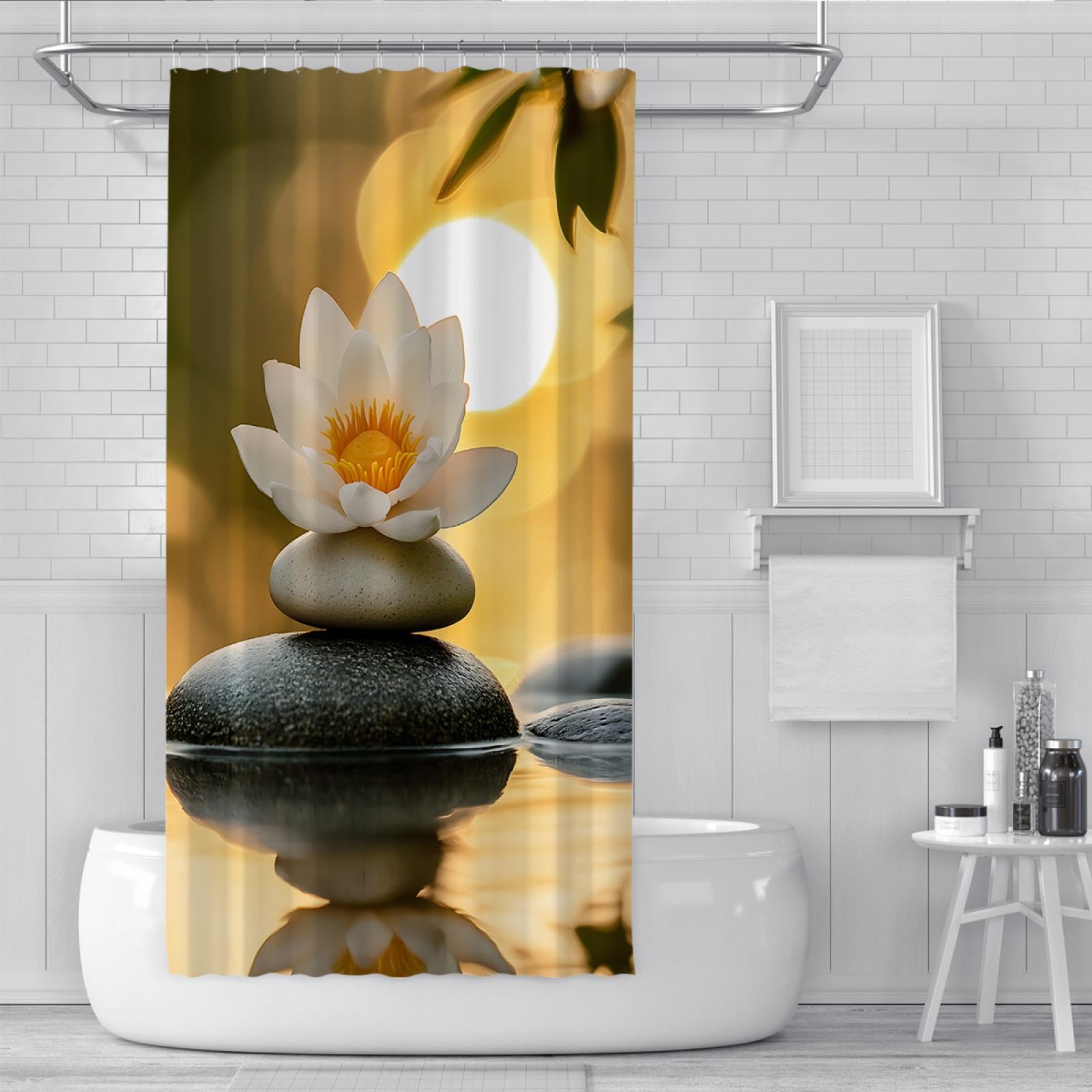 Coucher Soleil crépuscule Rideau Douche Lotus Pierres équilibrées Étang Rideaux Bain Douche pour hôtel Spa Salle Bain Décoration Étanche Séchage rapi200 x 240 cm
