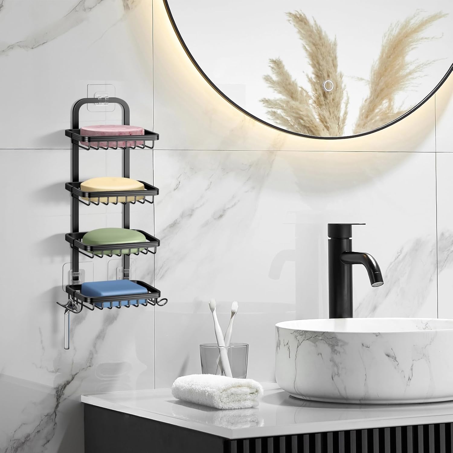 4 Tier Soap Bar Holder for Shower, Aluminum Wall Mounted Rustproof Soap Holder with 4 Hooks and Razor Holder, Shower Rack Soap Tray Bar Soap for Bathroom Accessories Organizer Black
