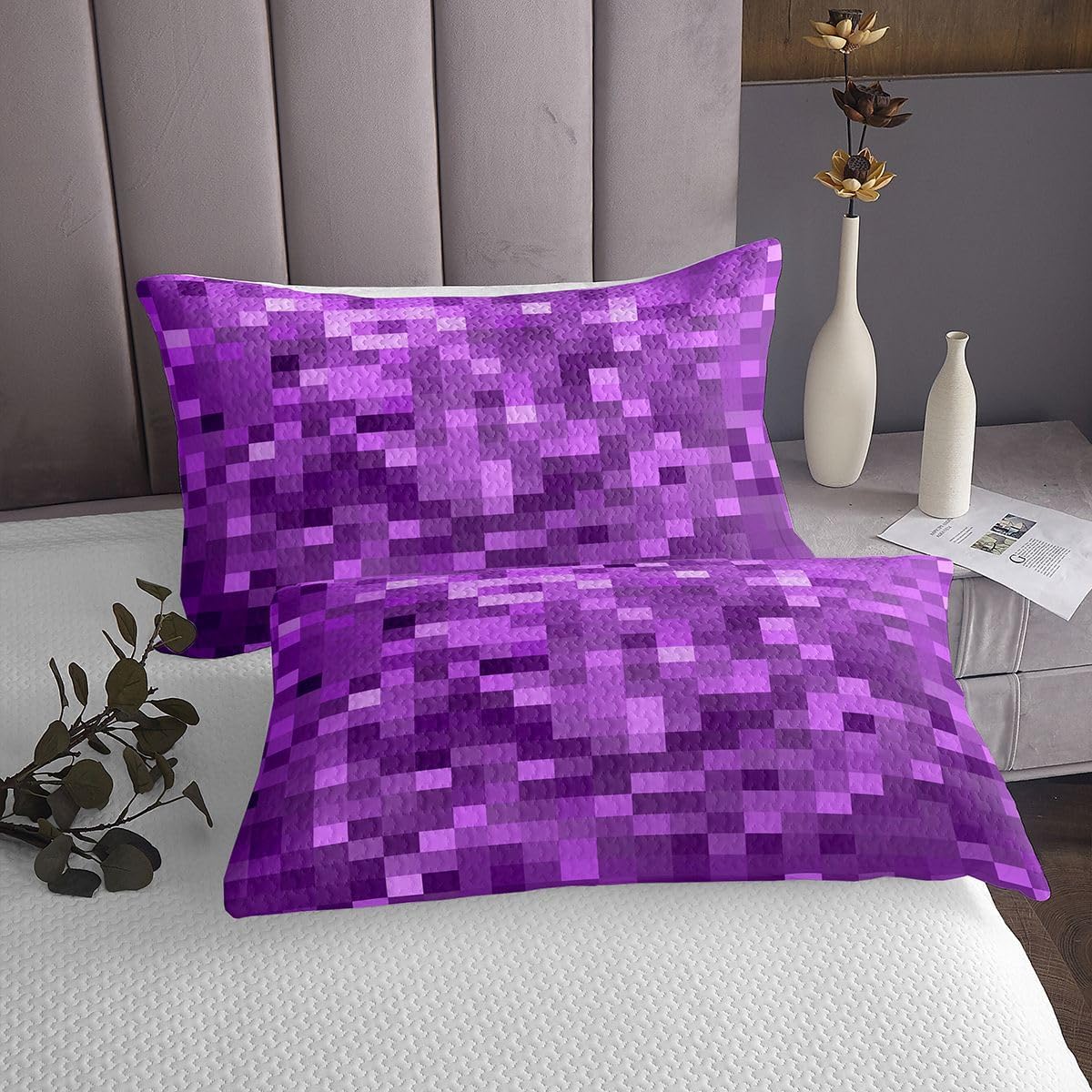Manfei Pixelated Miners Game Kids Bedspread Twin Size,Videogame Gamepad Gaming Coverlet Set,Girls Boys Room Decor,Modern Geometric Square Quilted Coverlet,Purple Bedding Quilt,1 Pillowcase