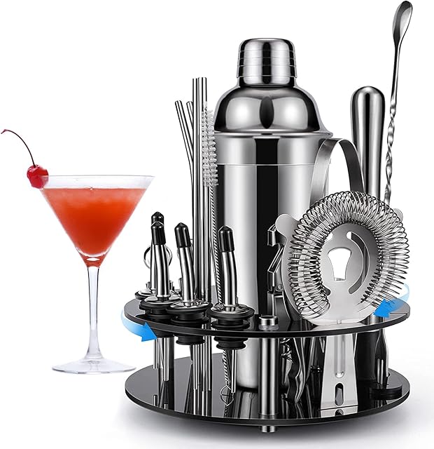 20-Piece Gift Set Cocktail Shaker Set with 360° Rotating Acrylic Stand Cocktail Shaker Set Stainless Steel Cocktail Shaker Gift Cocktail Bar Set Cocktail Set Large 750 ml Cocktail Mixer
