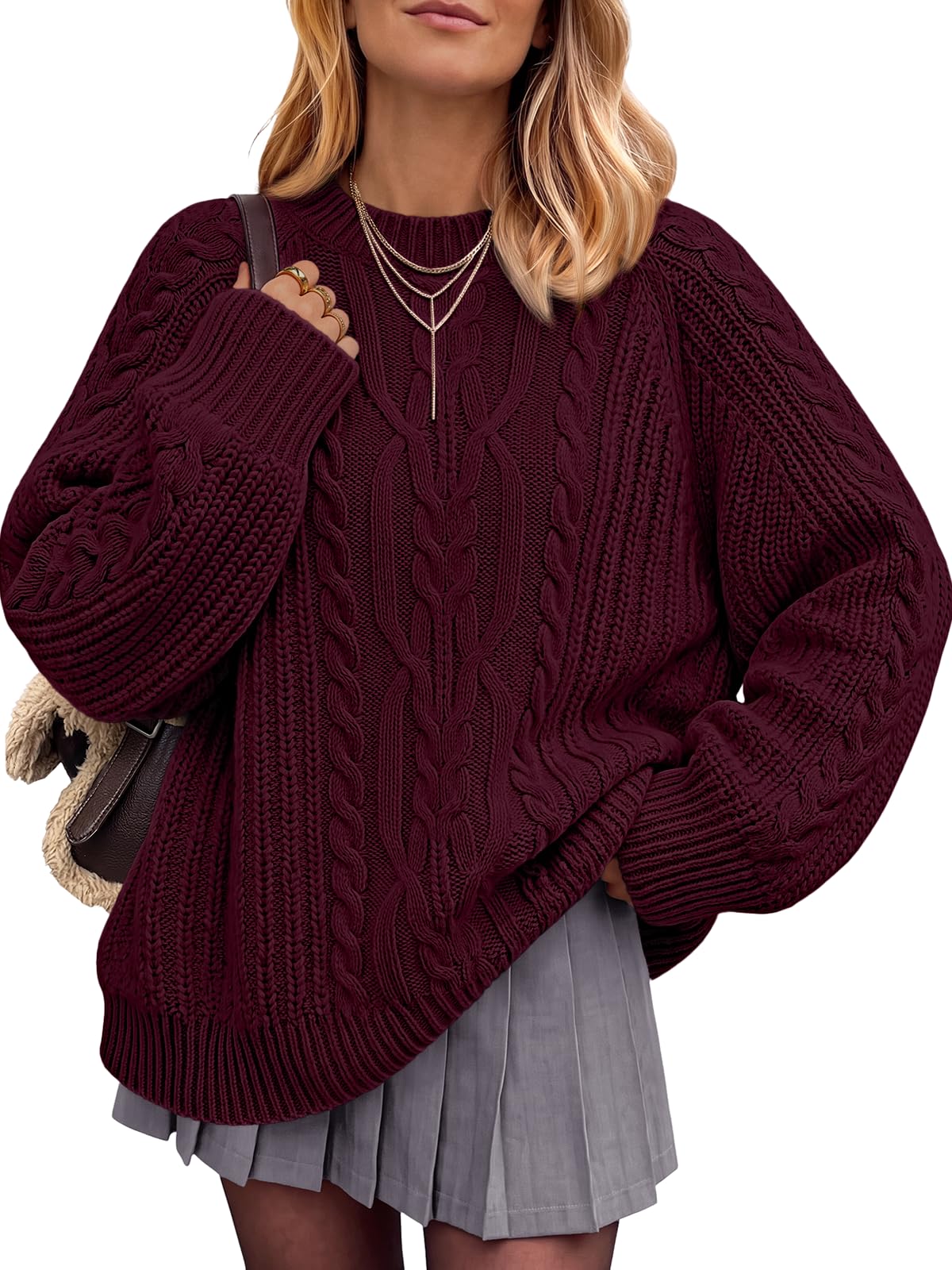 Trendy Queen Women's Oversized Cable Knit Crewneck Fall Pullover Sweaters | Old Money Aesthetic, Long Sleeve Outfits, 2026 Winter Fashion, Cozy Cute Chunky Tunic, Slouchy Fit, Casual Daily Wear