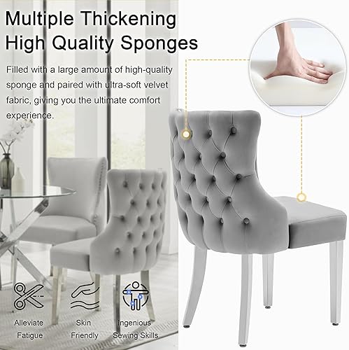 Miniatura 6 de Juego de 2 sillas de comedor de terciopelo, sillas de comedor tapizadas con respaldo copetudo, lujosas sillas de comedor con patas de acero
