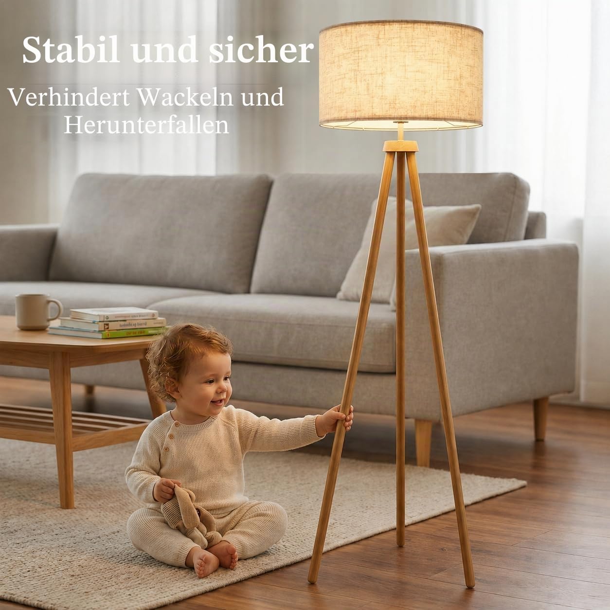 Stehlampe Wohnzimmer Dimmbar Dreibein Holzoptik-Metall, Inkl. 12W LED Moderne Stativ Stehleuchte 3 Farbtemperatur Fußschalter Retro Leselampe mit Stoffschirm für Schlafzimmer & Büro