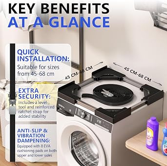 Washer Dryer Stacking Kit, Universal Stacking Kit for Washer and Dryer, Adjustable Frame for 45~68cm Stackable Washer and Dryer Stacking with Ratchet Strap (Black)