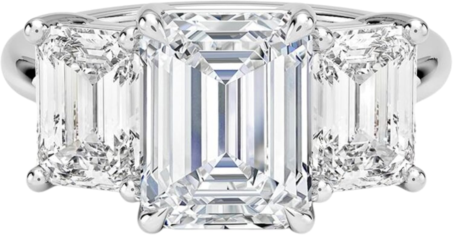 3 Ct Emerald Cut Moissanite Engagement Ring 14K Vermeil White Gold Three Stone Diamond Bridal Jewelry Gift Ring for Women