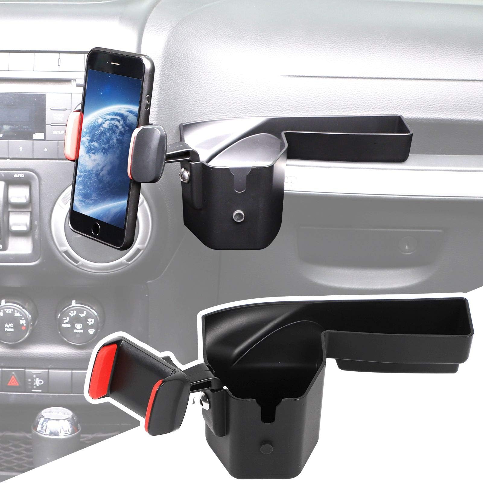CheroCar 2 in1 Phone Mount Drink Cup Holder Phone Holder, Passenger Grab Handle Storage Tray Organizer for 2011-2018 Jeep Wrangler JK JKU