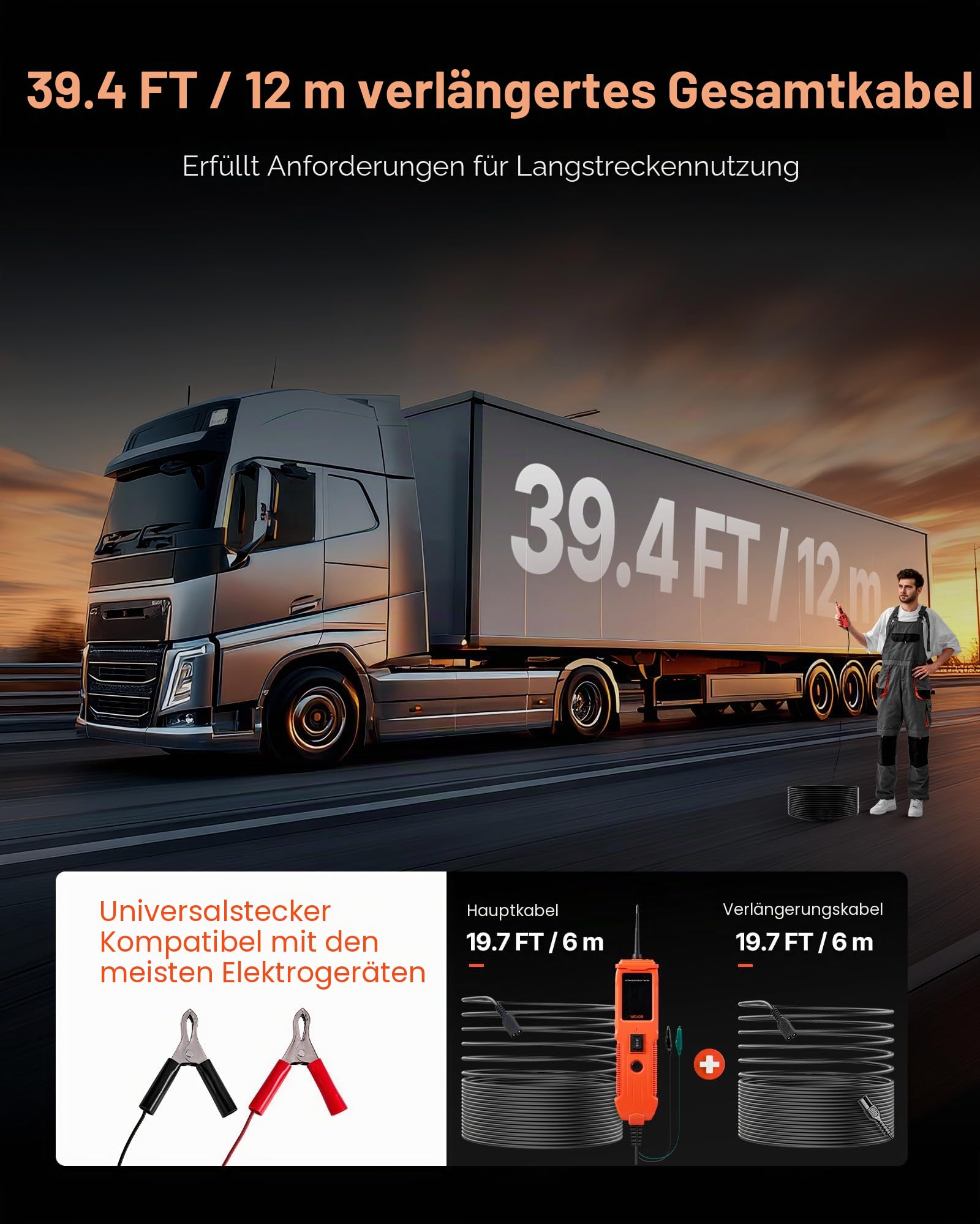 VEVOR Kfz Stromkreistester Elektroprüfer 8–35 DCV mit Stromkreissonde & TFT-Farbdisplay & Beleuchtung, Stromkreisprüfer mit 6 m langem Verlängerungskabel & Tragkoffer