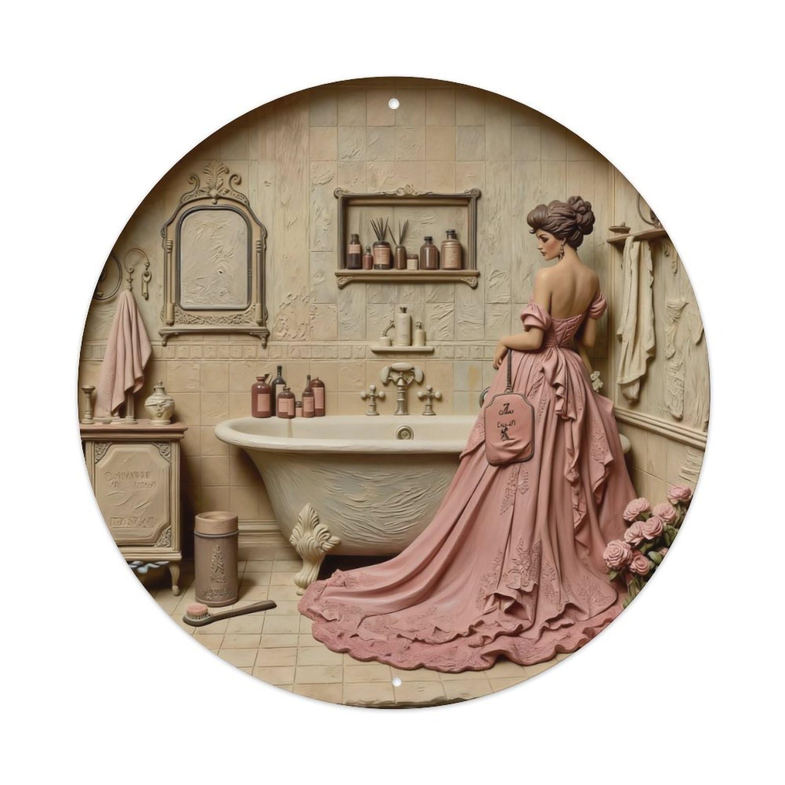 Zlatcbu Vintage Victorian Bath Lady Pink Dress Metal Tin Sign Retro Wall Art Poster, Decor For Home Living Room Bar Cafe Garage, 8X8 Inch