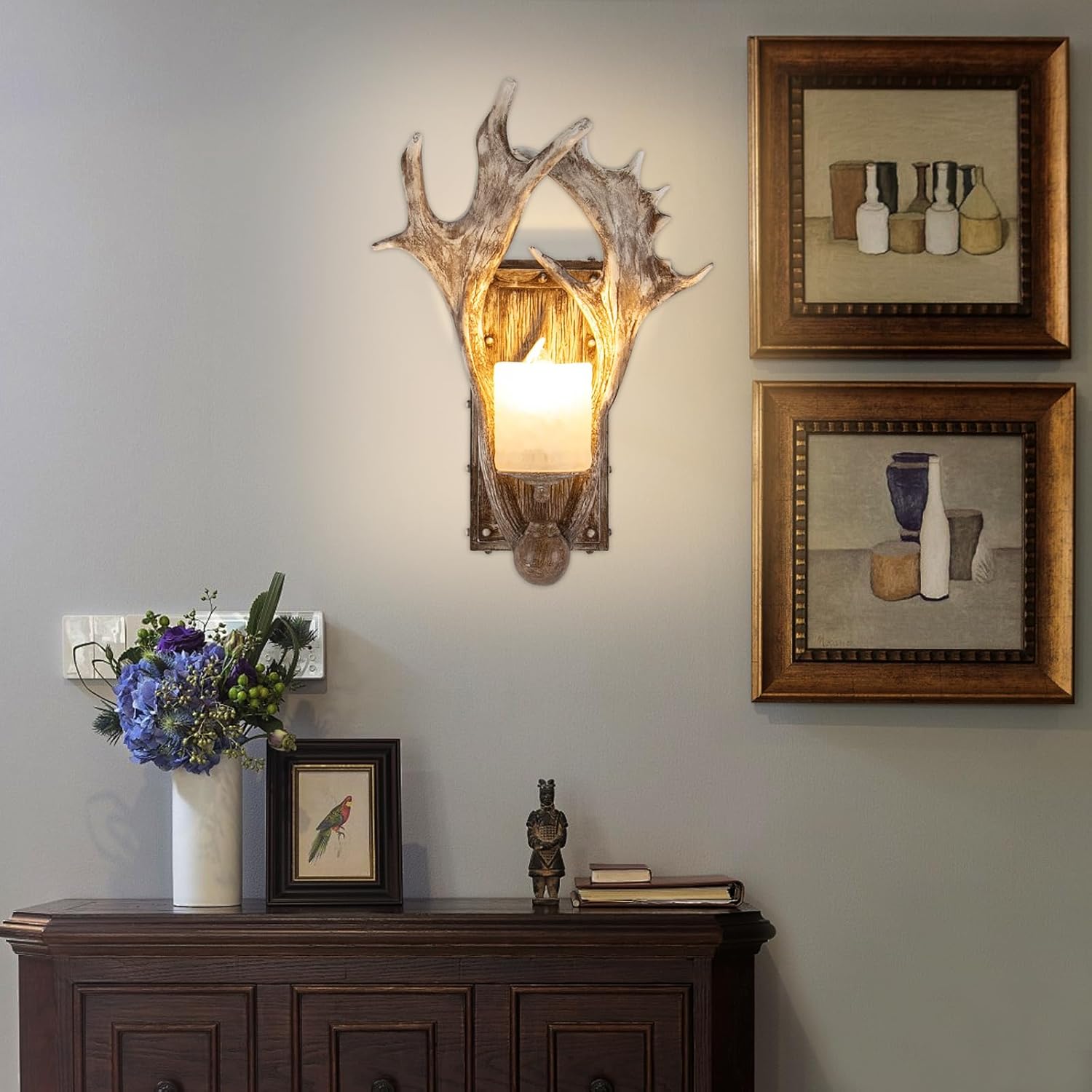 Indoor Antler Wall Sconce with Frosted Resin Lampshade, Rustic Faux Resin Antler Wall Mount Light Fixtures for Bedroom Bathroom Hallway Entrance Retro Wall Decor, E12 Base