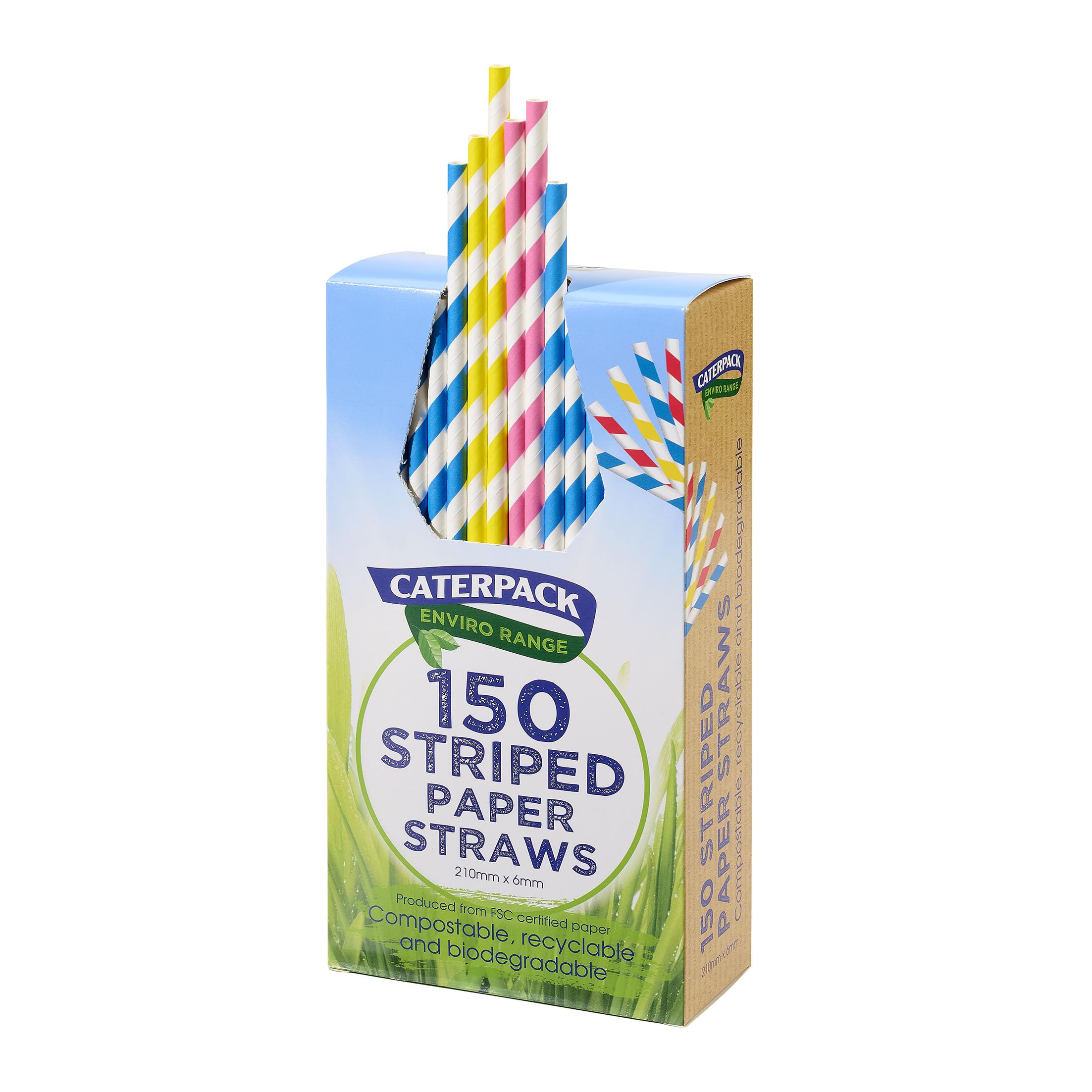 Caterpack Enviro Range Paper Straws Striped 150 Pack Fully Recyclable, Biodegradable and compostable. Strong & Sustainable.
