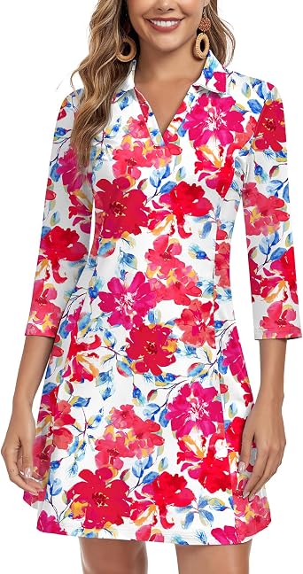 WOWENY 3/4 Sleeve Dress for Women with Pockets V Neck UPF 50+ Casual Sun Dress Breathable Quick Dry Beach Vacation