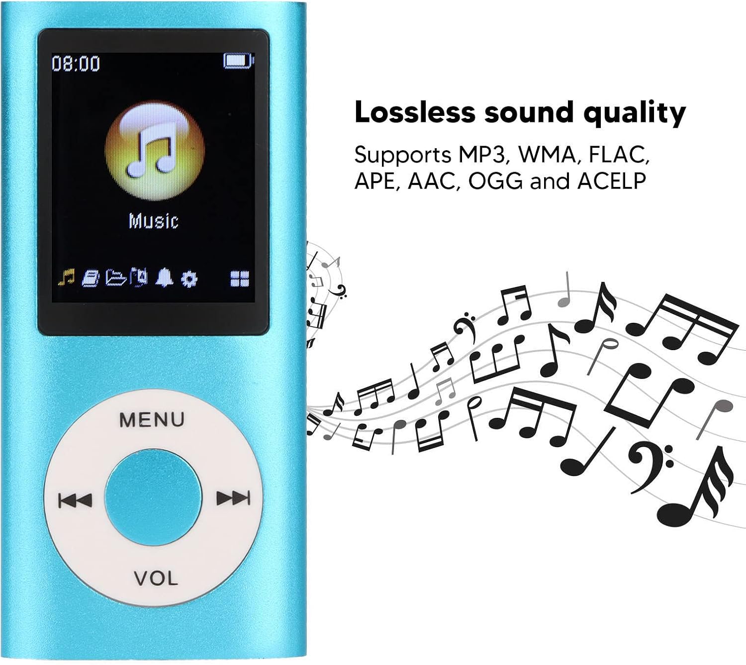 MP3 Player, Stylish Multifunctional Lossless Sound Slim 1.8 Inch LCD Screen Portable MP3 Music Player, for Hiking Traveling Sports (Blue)