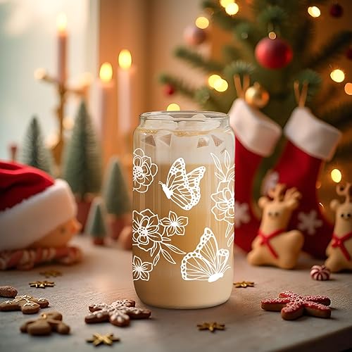 Miniatura 5 de Fairy's Gift Regalos de mariposa para mujeres, mamá, taza de café helado, vasos de vidrio con mariposas florales estéticas con tapas y pajitas,