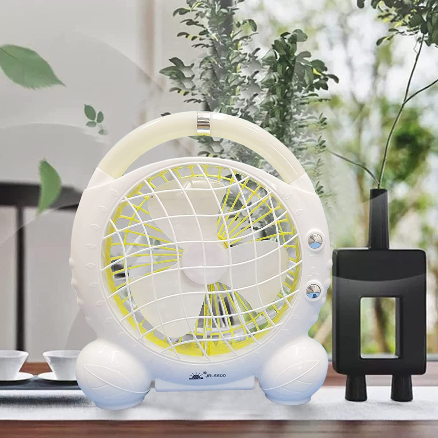 PYXBE Portable Rechargeable Battery (3000mAh) Small Personal Desktop Table Fan with 4 Speed Levels,Quiet Operation LED Light,for Indoor,Outdoor,ID Card Holders Hook (A_FAN_FAN_JY5500)