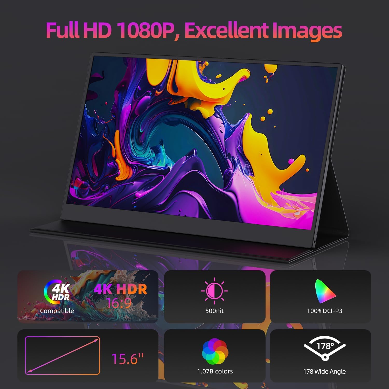Bettdow monitor display features including Full HD 1080P, 4K HDR compatibility, 500 nit brightness, 100% DCI-P3 color gamut, 1.07 billion colors, 15.6 inch size, and 178 degree wide viewing angle.