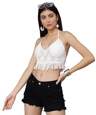 ICW Women's Hollow Out Crochet Halter Neck Padded Bikini Tops Backless Sheer Lace Up Beachwear Bralette Crop Top (XS, Wh