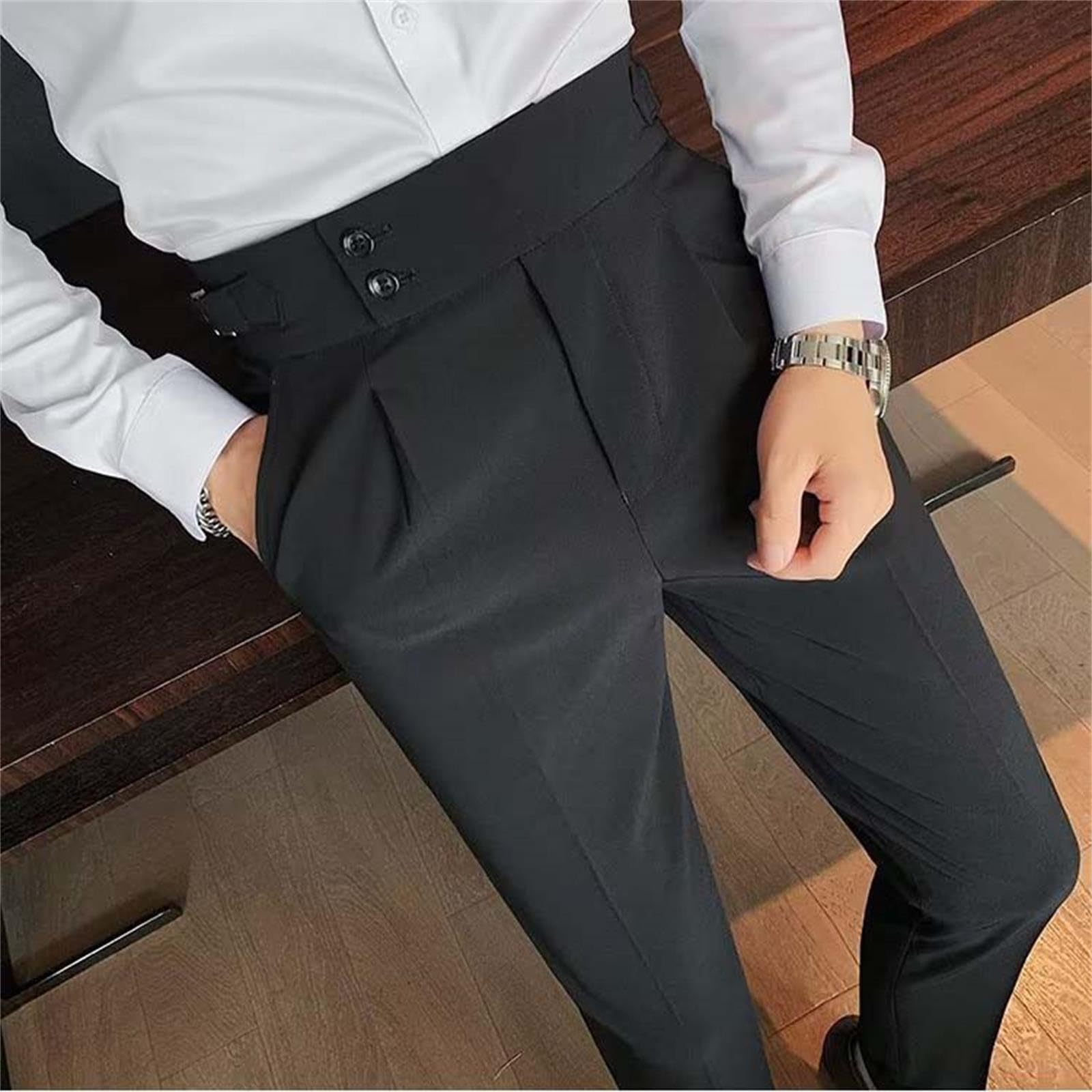 Générique Pantalon de Costume pour Homme Coupe Slim Taille Haute avec Petit Pied et Jambe Droite en Couleur Unie