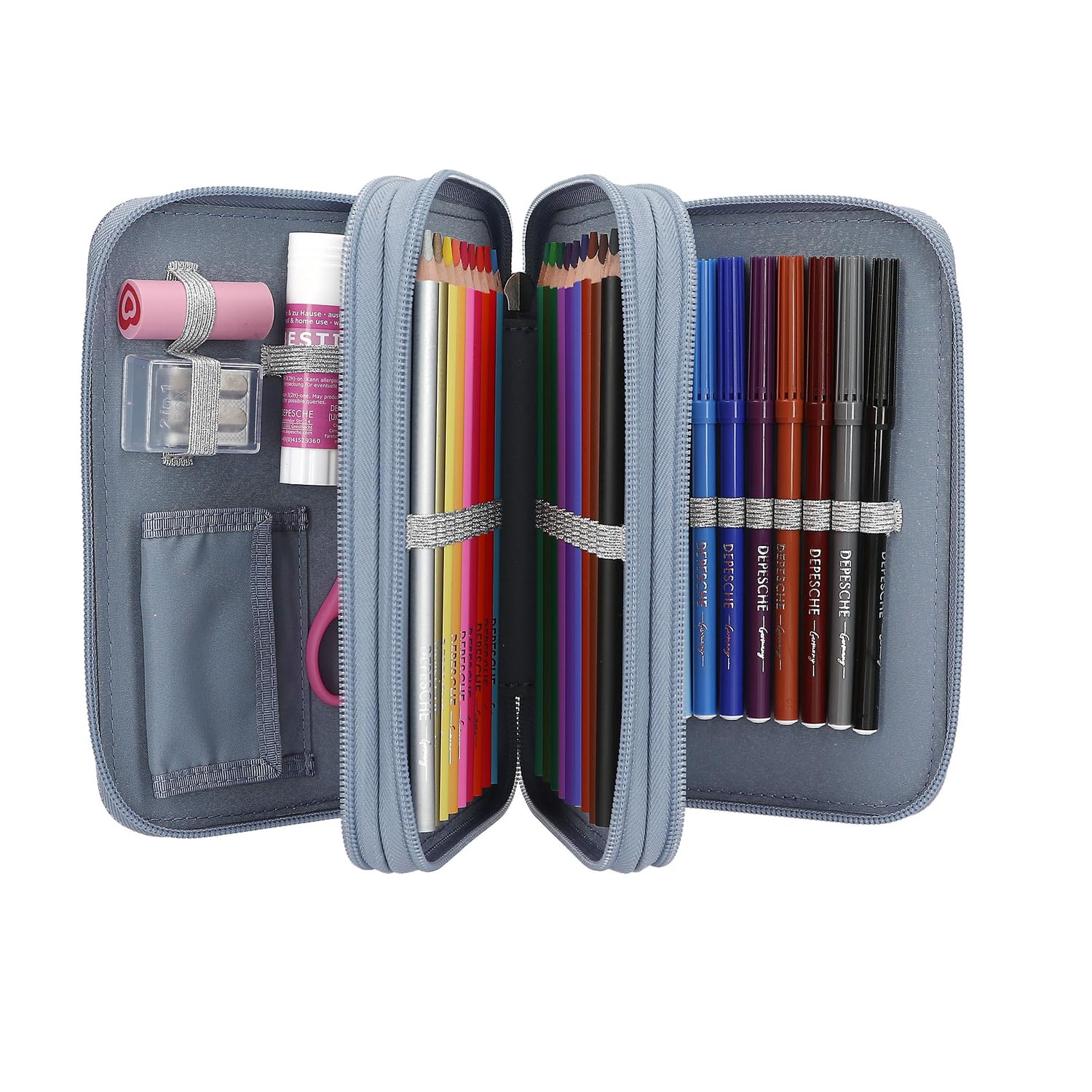 Depesche 13149 TOPModel Wolf - Trousse à Crayons remplie à 3 Compartiments en Bleu foncé, avec Motif de modèle, étoiles et Paillettes, Trousse à Crayons avec Crayons de Couleur et Bien Plus Encore