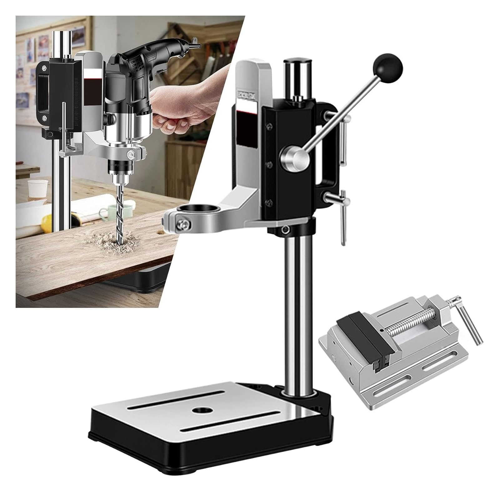 Soporte de Taladro, Soporte para Taladro, Soporte de prensa de taladro con tornillo de banco for mano, soporte de prensas de mesa ajustable con base de aleación de aluminio(A+VISE)