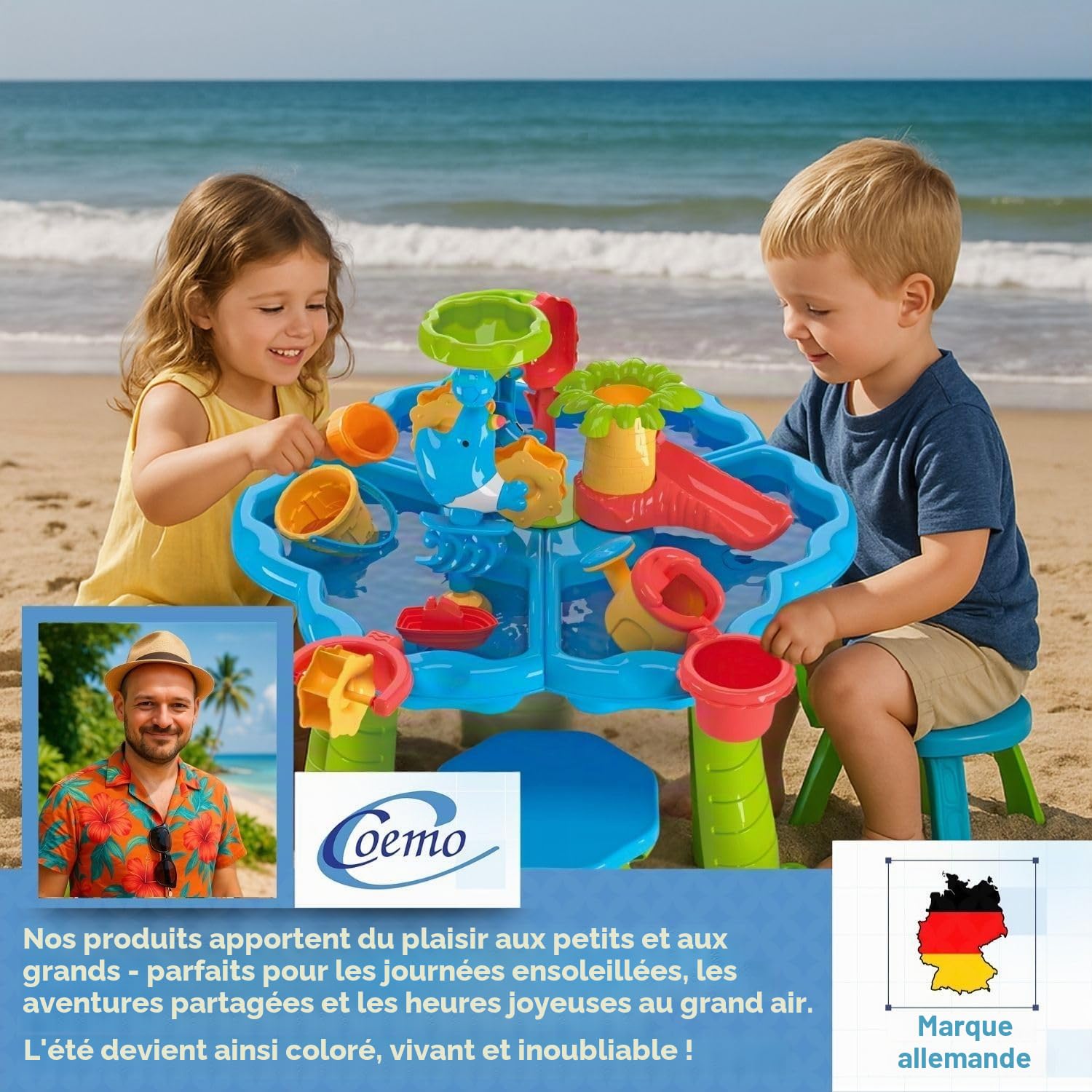 Table de Jeu Narus XL à Sable et Eau - 3 Bacs Séparés, Tabouret, pour Enfants, Extérieur, Balcon et Jardin - Bac à Sable avec Jouets et Table de Plantation