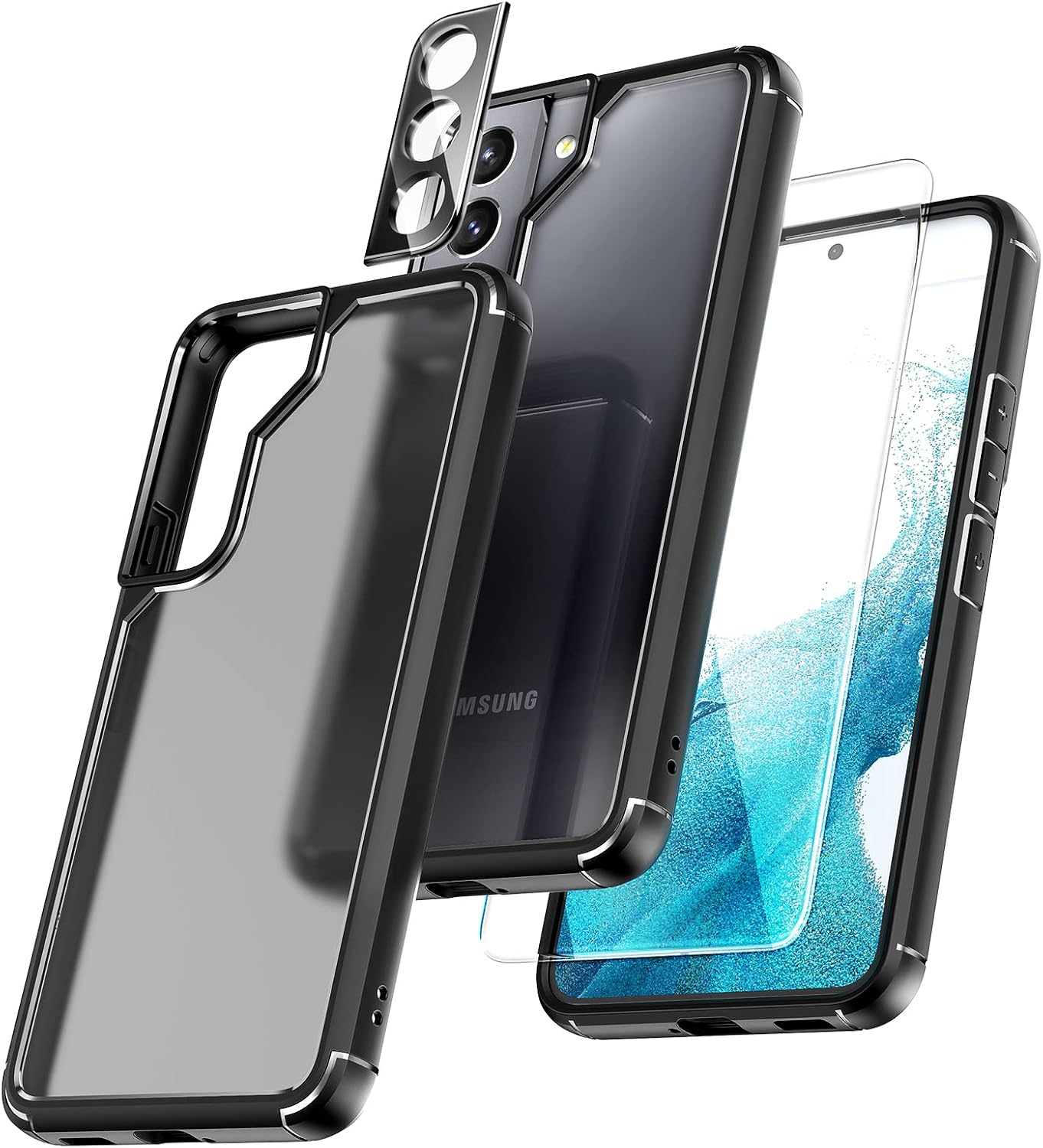 TOCOL 5 in 1 Designed for Samsung Galaxy S22 Case, with 2 Pack Screen Protector + 2 Pack Camera Lens Protector, Translucent Matte Back [Military Grade Protection] Case for Galaxy S22 5G, Black